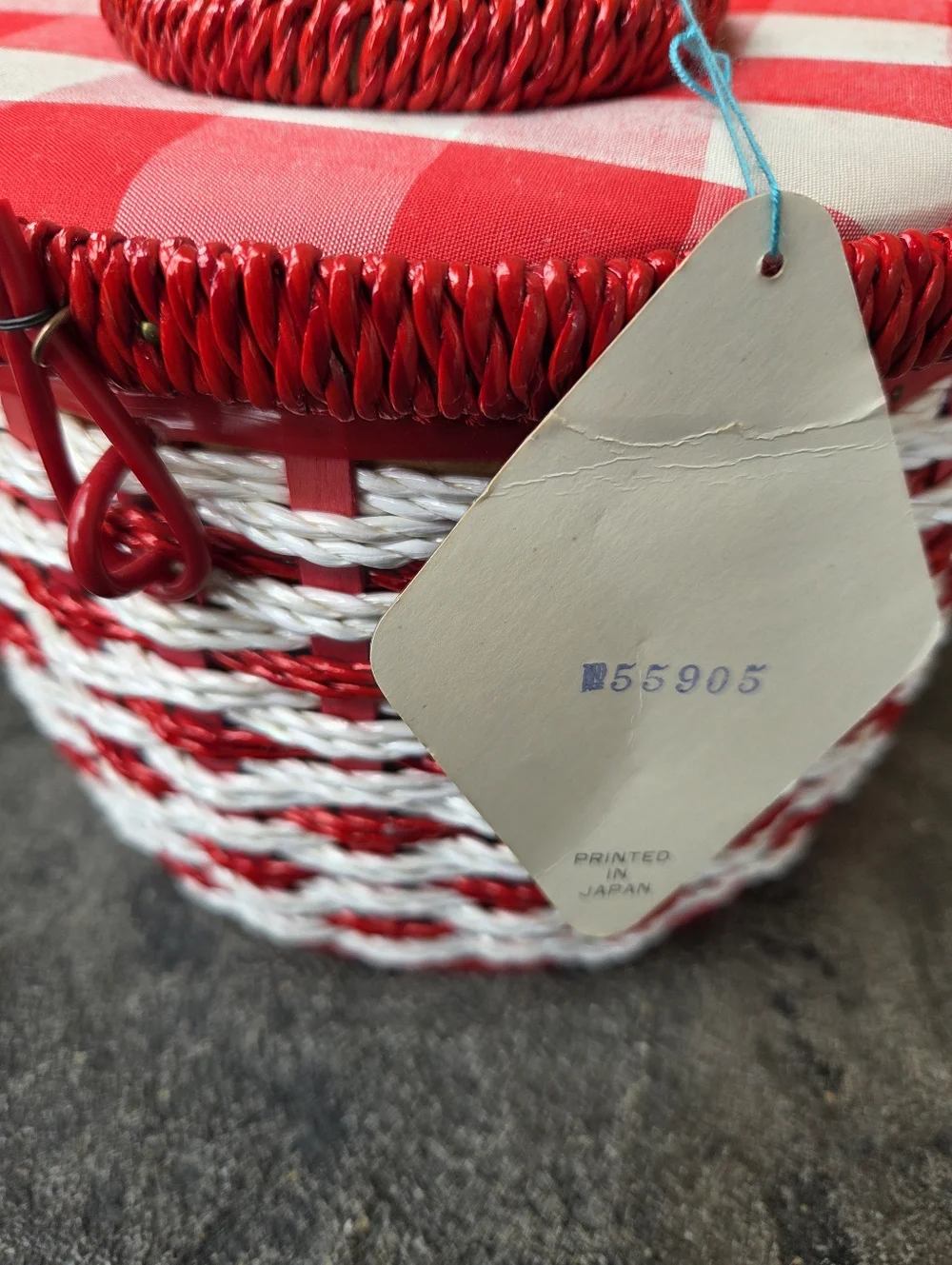 Vintage JCPenney Red and White Woven Sewing Basket with Gingham Lid